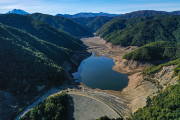 Mountains Lagoon Embalse Bullileo en region Maule Chile in summer