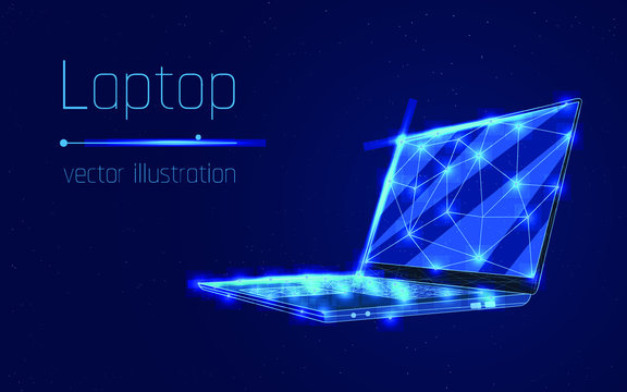 laptop or Notebook. Low-poly wireframe starry sky and cosmos style. Technology and devices concept. 3d abstract vector computerization theme in blue color. Polygonal illustration,plexsus .dot,triangle