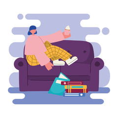 people activities, young woman sitting on sofa eating cupcake and books on floor