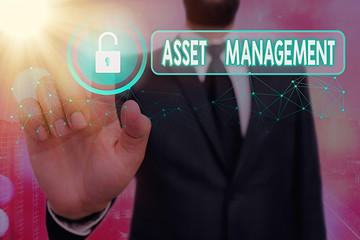 Text sign showing Asset Management. Business photo showcasing systematic process of operating and...