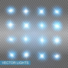 Set of Vector Neon Light Effects. Blue glowing light explodes .Bright Star. Special line flare light effects for design and decor. Blue background.