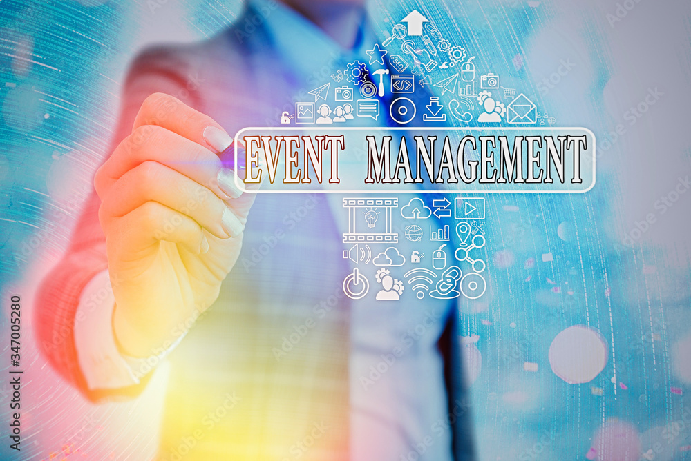 Poster writing note showing event management. business concept for creation and development of large scale 