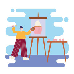 people activities, woman artist drawing on canvas cupcake and holding palette color and brush