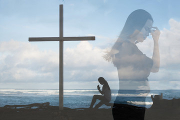 Stressed out desperate person asking god for help. Prayer and cross.
