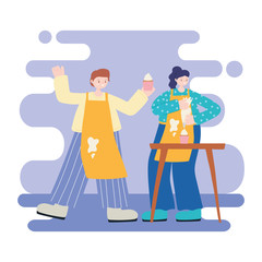 people activities, happy couple cooking sweet cupcakes cartoon