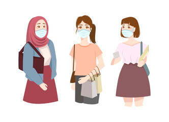Crowd of people wearing medical masks banner.Coronavirus epidemic concept. Respiratory disease, virus spread. Vector illustration. hijab women flat vector