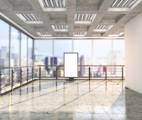 room of a business building with large windows overlooking the city. Digital media for advertising. 3d illustration