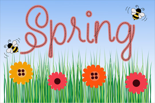 Background image of spring or summer, with vector clouds, ladybug, bees and grass
