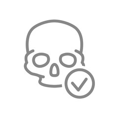 Skull with tick checkmark line icon. Bone structure of the head symbol