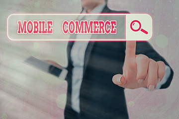 Writing note showing Mobile Commerce. Business concept for Using mobile phone to conduct commercial...