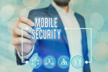Text sign showing Mobile Security. Business photo text Protection of mobile phone from threats and...