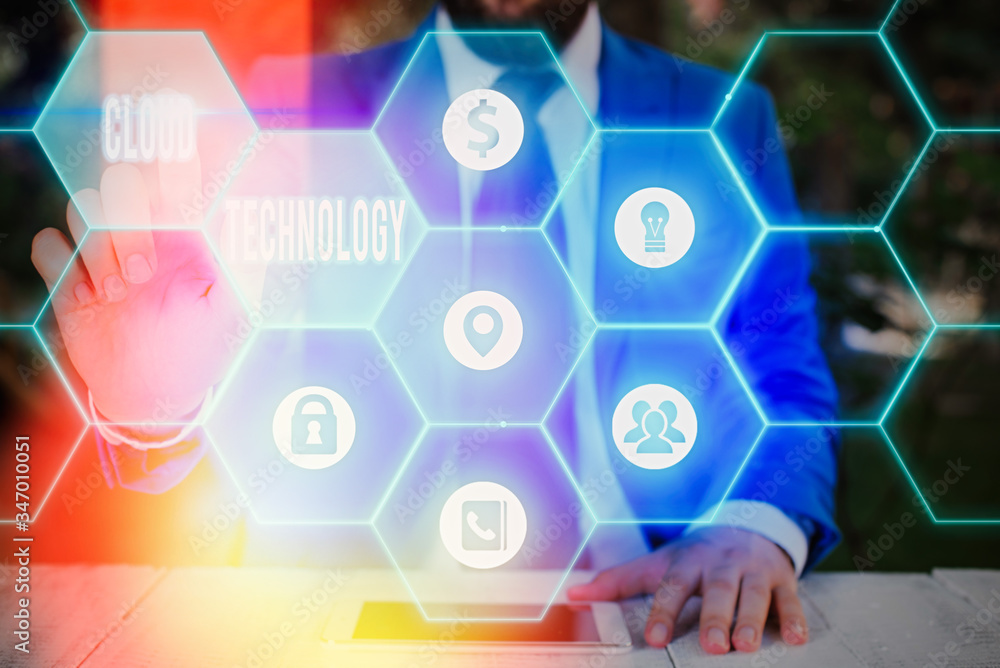 Poster conceptual hand writing showing cloud technology. concept meaning storing and accessing data and pro