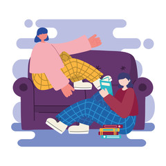 people activities, young woman sitting on sofa and girl reading book