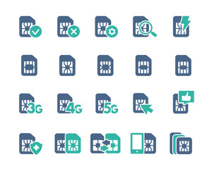 Set of SIM card flat icons. 3G, 4G, 5G - network, mobile internet, EMV chip, cards slot, phone chip and more.