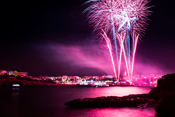 Fireworks over the sea of Porto Cristo in Majorca