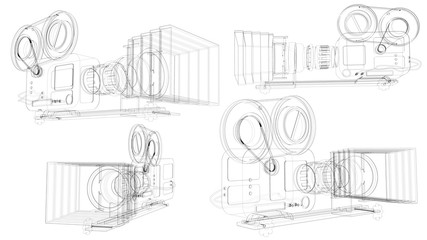 diagram, drawing of movie cameras, three types, on a white background 3d rendering