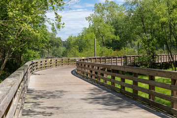 Fototapeta na wymiar Curve ahead on an empty elevated boardwalk running through forest and wetlands, public use walking trail, horizontal aspect