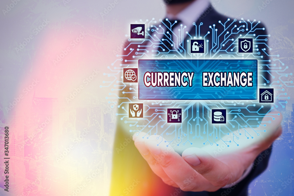Aufkleber writing note showing currency exchange. business concept for process of changing one currency into a