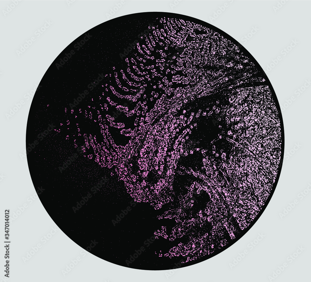 Poster Black disc with ornate made of little dots and particles. Contemporary abstract vector artwork, abstractionism and constructivism non-objective art.