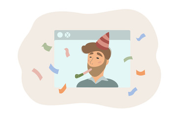 Online party, online quarantine birthday, COVID-19 pandemic. Girl near the computer at a conference with friends. Party of self-isolation.