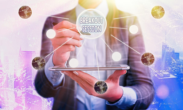 Conceptual hand writing showing Breakout Session. Concept meaning workshop discussion or presentation on specific topic Elements of this image furnished by NASA
