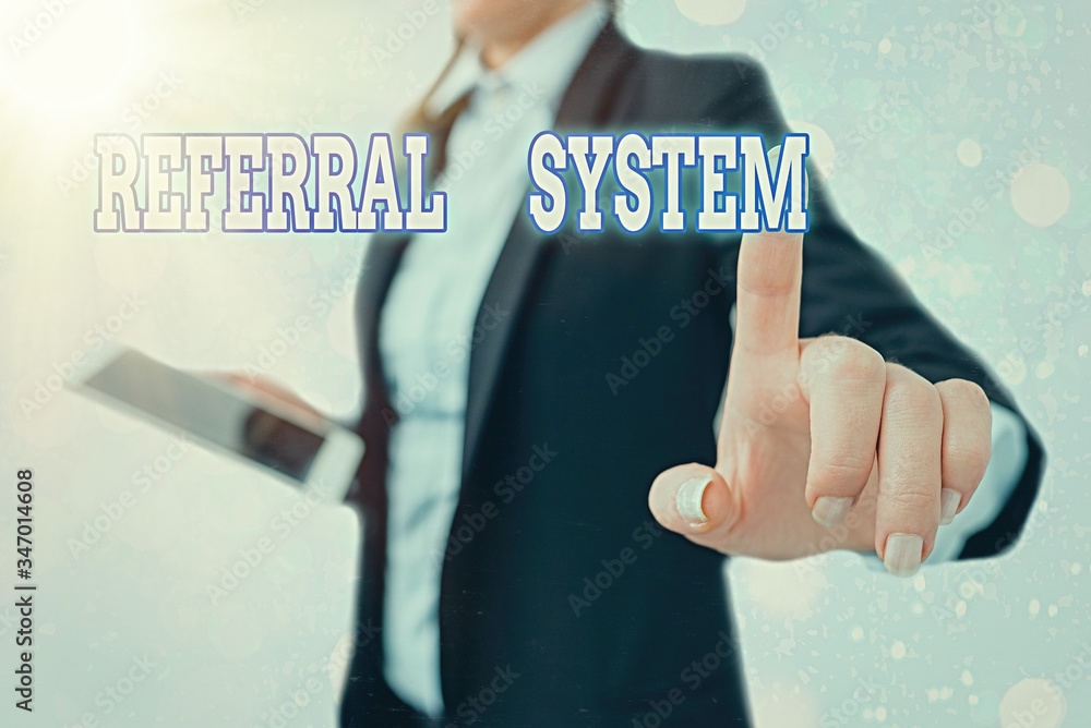 Poster writing note showing referral system. business concept for sending own patient to another physician 
