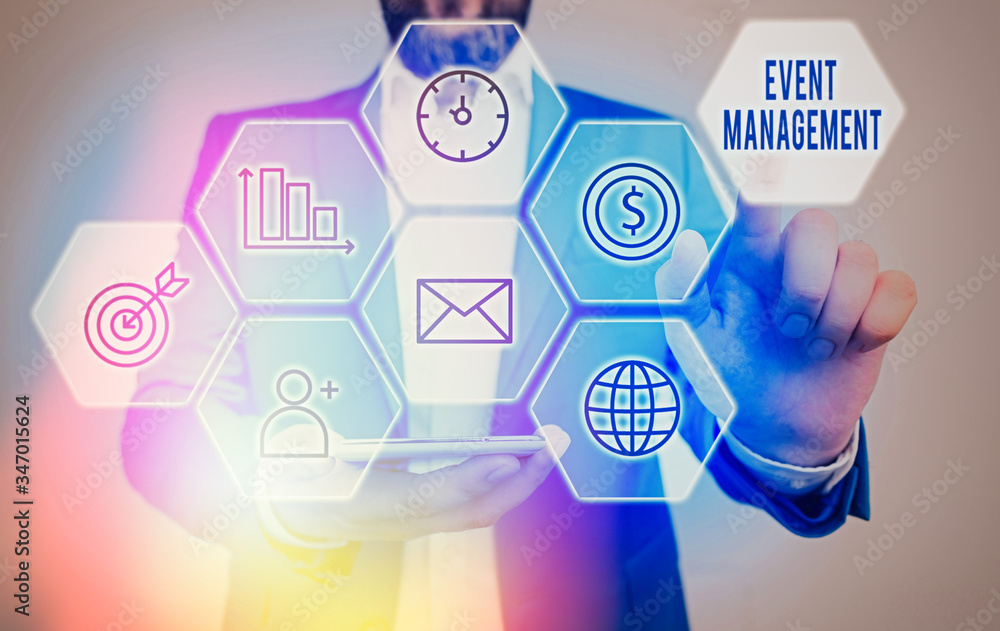 Poster writing note showing event management. business concept for creation and development of large scale 