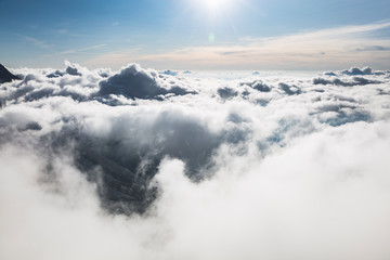 Clouds and fog over the Chamonix valley. View from the Cosmique refuge, Chamonix, France. Perfect...