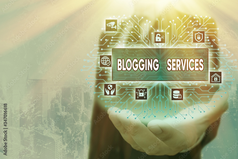 Aufkleber writing note showing blogging services. business concept for social networking facility informative 