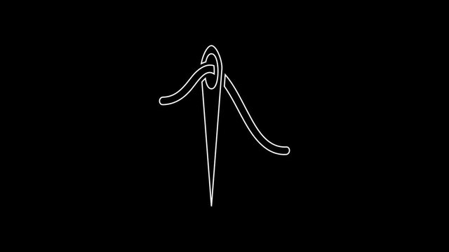 White line Needle for sewing with thread icon isolated on black background. Tailor symbol. Textile sew up craft sign. Embroidery tool. 4K Video motion graphic animation