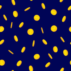 Seamless pattern gold coin rain, flat cartoon. Bank currency sign coins turn around, flying in air. Hundreds cash bill. Money flying background, various pennies. Vector illustration