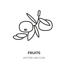 Obraz premium Fruits black line icon. Empty simple citrus sign.Design logo closeup mandarin with leaves as symbol healthy food. Contour pictogram ripe orange, slice vitamin. Isolated on white vector illustration