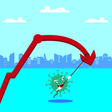 Coronavirus Economy Crisis Vector Concept: Uptrend Financial Line Chart Being Pulled Down By A Virus  