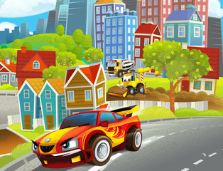 Cartoon funny looking scene with cars vehicles moving in the city - illustration