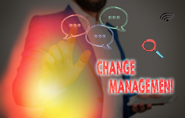 Text sign showing Change Management. Business photo text Replacement of leadership in an...