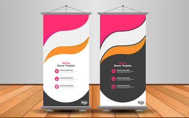 Modern Roll Up Banner. Advertising vector template design with colorful background.