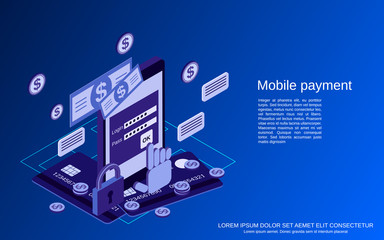 Mobile payment, online banking, financial transaction flat isometric vector concept illustration