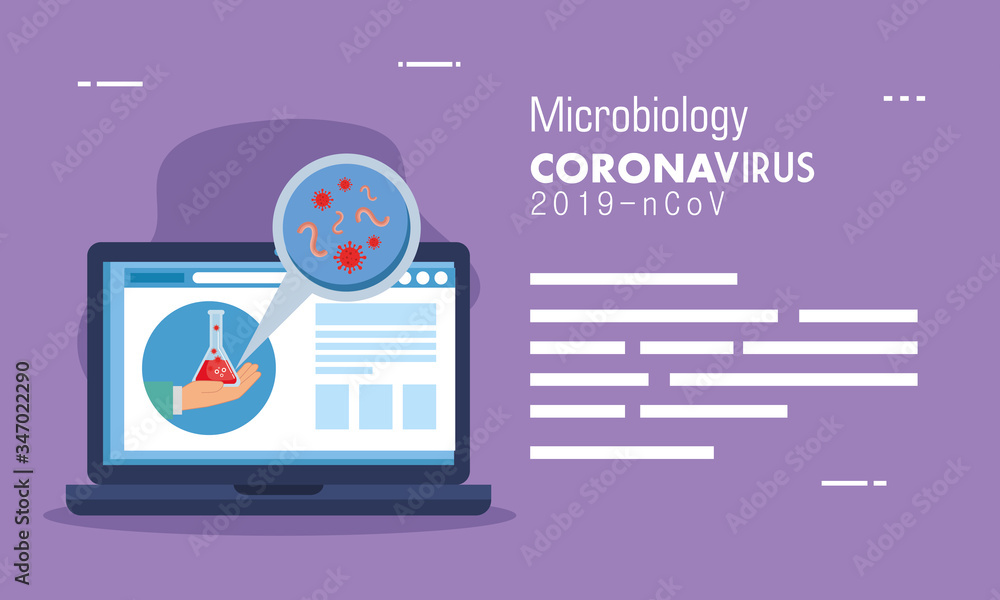 Poster medicine online by laptop with microbiology of covid 19 vector illustration design