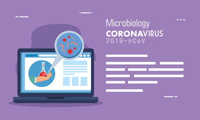 medicine online by laptop with microbiology of covid 19 vector illustration design