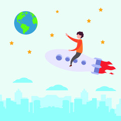 Children education vector concept:  A boy riding a rocket over the city surrounded by clouds and stars