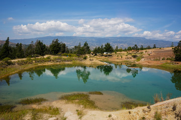 Fototapeta na wymiar turquoise blue lake with pine trees