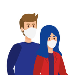 young couple using face mask isolated icon vector illustration design