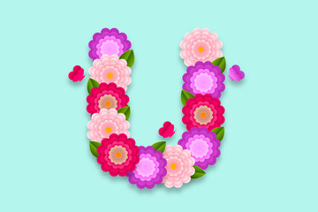 Letter U Abstract flower alphabet on isolated background. Decorative Floral Letter illustration