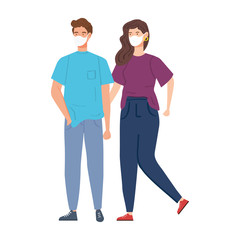 young couple using face mask isolated icon vector illustration design