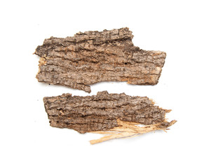 A piece of tree bark on a white isolated background. Natural chips top view.