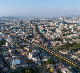 Aerial drone view of  Aviacion avenue in  Lima city at lockdown of coronavirus pandemic in 2020, in Peru.