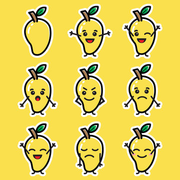 Set of cute cartoon colorful mango with different emotions. Funny emotions character collection for kids. Fantasy characters. Vector illustrations, cartoon flat style. You can use for your mascot.