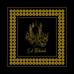 Luxury Eid Greetings vector with Black and Gold colour with hand drawn mosque sketch