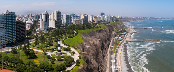 Aerial drone view of the Costa Verde, the cliff and the Miraflores pier in  Lima city at lockdown...