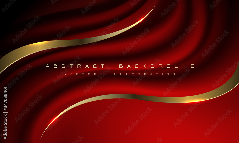 Poster abstract dark red fabric wave gold line curve with text on blank space design modern luxury backgrou